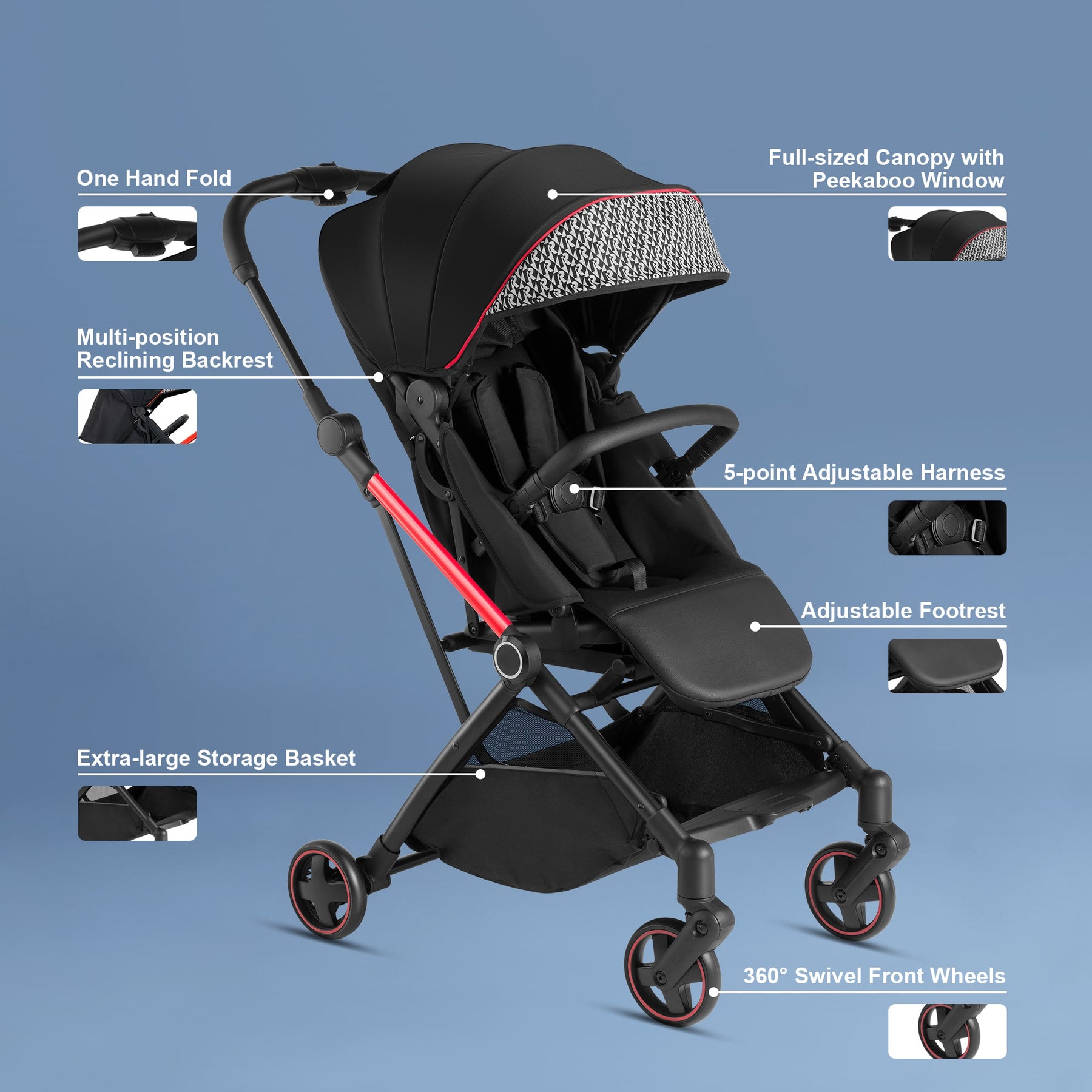 Royalbaby Lightweight Infant Stroller 360 Reversible Seat Compact Fold Portable Travel Toddler Baby Stroller with Umbrella & Multi-position Reclining