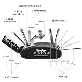 Bike Repair Tool Kit, 16 in 1 Bicycle Multitool with Bike Tire Levers Hex Spoke Wrench, Multi Function Accessories Set for Road Mountain Bikes